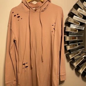 Muted Pink Distressed Hooded Sweatshirt Dress Size M